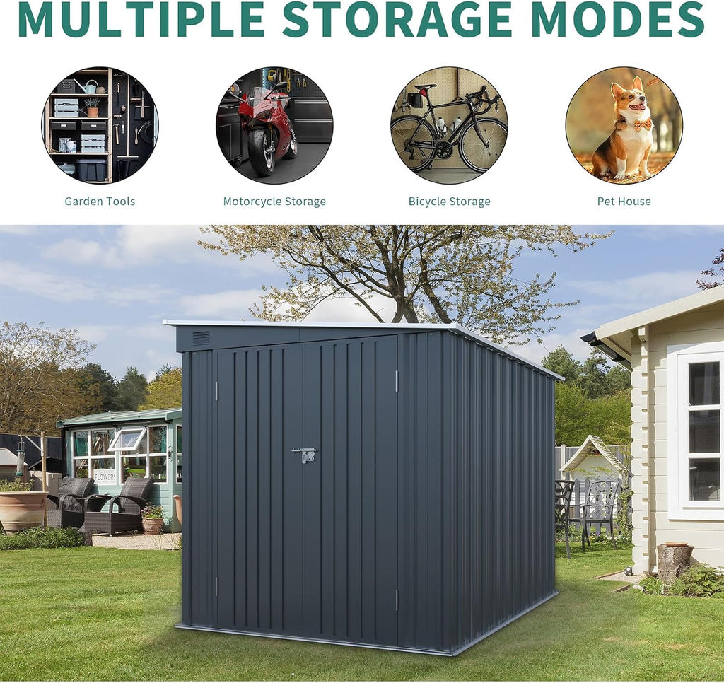 6x8FT Outdoor Storage Shed, Galvanized Steel Metal Storage Shed with Lockable Doors, Storage Sheds Outdoor with Floor & Ventilation, Sloped Roof Metal Building for Tools (6×8 FT Steel)
