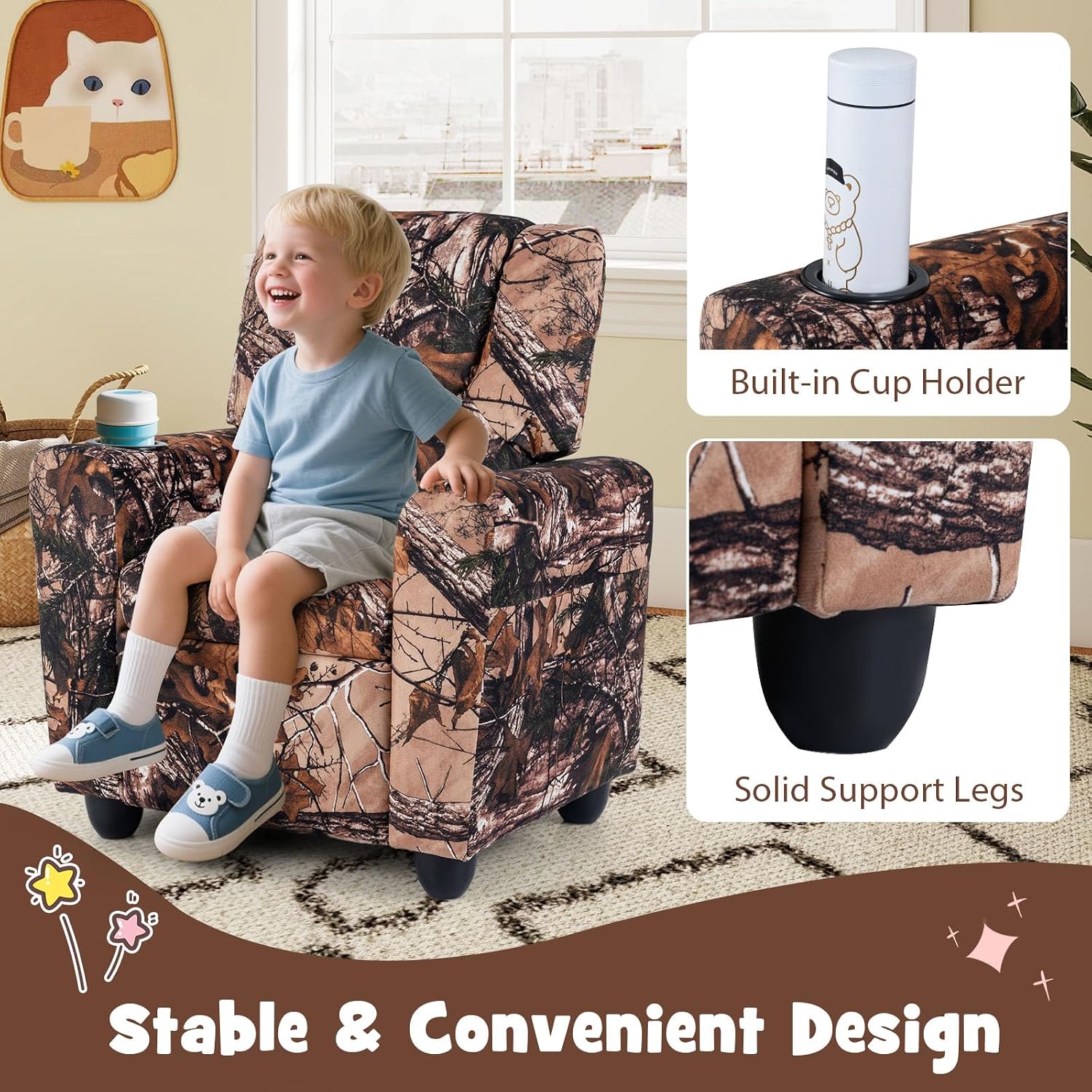 GLACER Kids Recliner with Cup Holder, Velvet Toddler Lounge Chair w/Adjustable Backrest & Footrest, Spring-Loaded Seat Cushion, Push Back Toddler Sofa for Boys & Girls Ages 3+ Years Old (Camouflage)