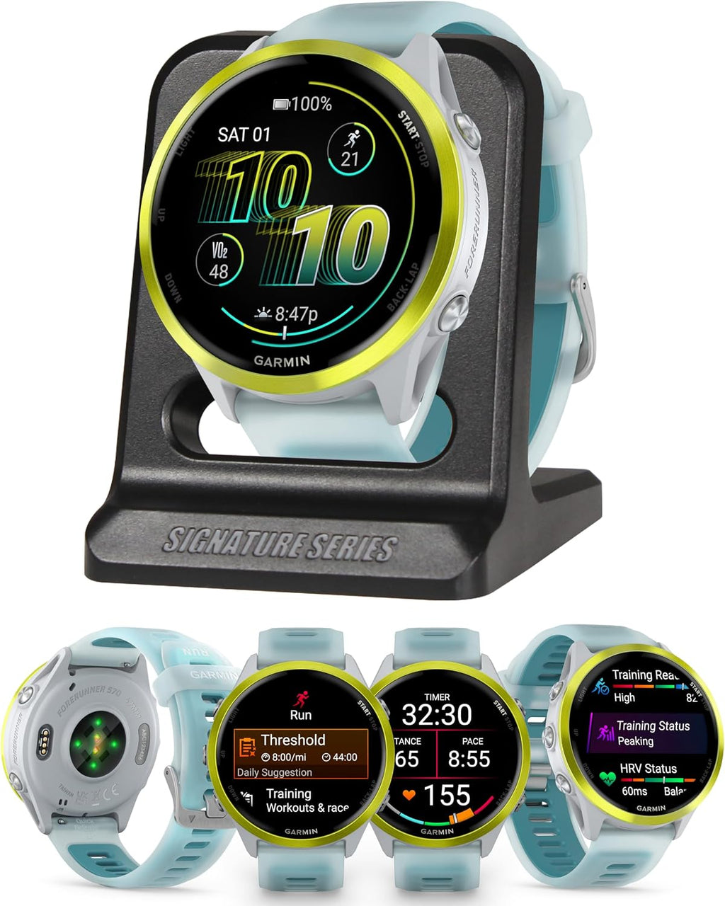Garmin Forerunner 570 Performance 47mm GPS Smartwatch, Amp Yellow | AMOLED Display, Training Readiness, On-Wrist Calling with Signature Series Modern Power Stand Bundle