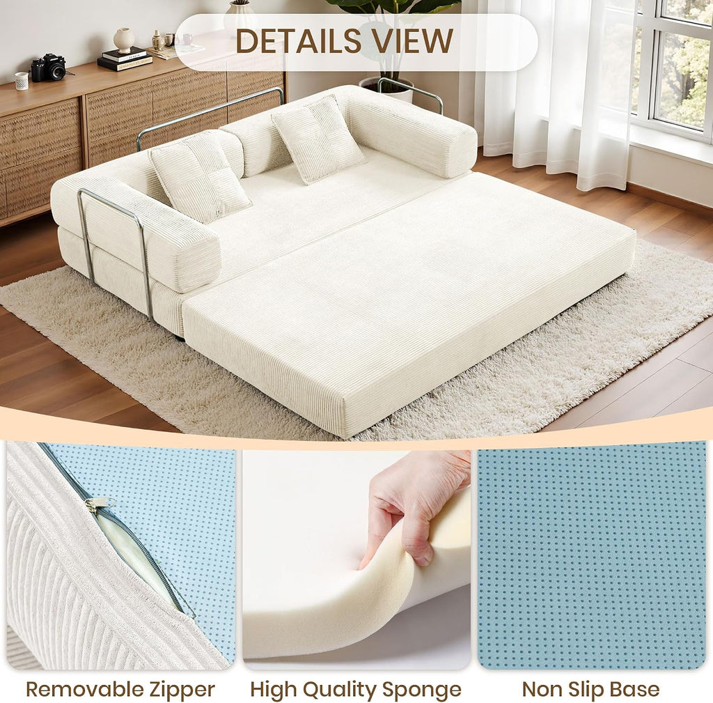Compression Sofa - 78''Convertible Floor Sofa Bed - with Pillow Back Support Armrest - Comfy Foldable Sofa Bed Compressed Sofa in Box - Corduroy Fabric - for Living Room Bedroom - Off White