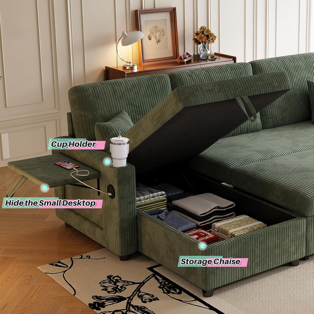 Sleeper Sectional Sofa, 83' Convertible Sofa Bed with Pull Out Couches, Small Desktop, L Shaped Couch with Reversible Chaise, Cup Holders, USB, Modern Corduroy Sofas for Living Room Apartment, Green