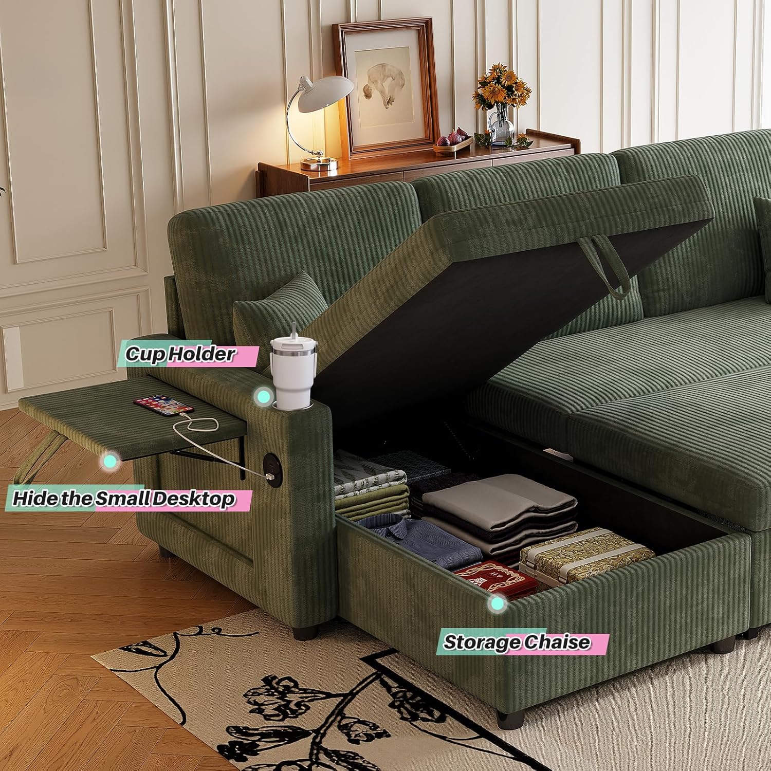 Sleeper Sectional Sofa, 83' Convertible Sofa Bed with Pull Out Couches, Small Desktop, L Shaped Couch with Reversible Chaise, Cup Holders, USB, Modern Corduroy Sofas for Living Room Apartment, Green
