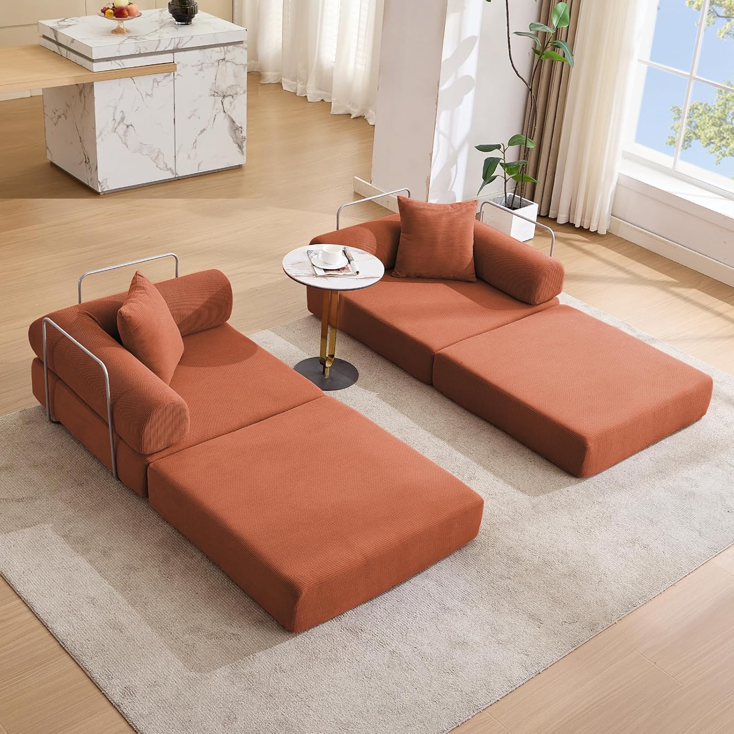 73' Convertible Modular Folding Sofa Bed, 5-in-1 DIY Combination Fold Out Sleeper Sofa Bed, Loveseat sleeper Couch with Removable Armrests, Corduroy Floor Couch, Small couches for small spaces, Orange