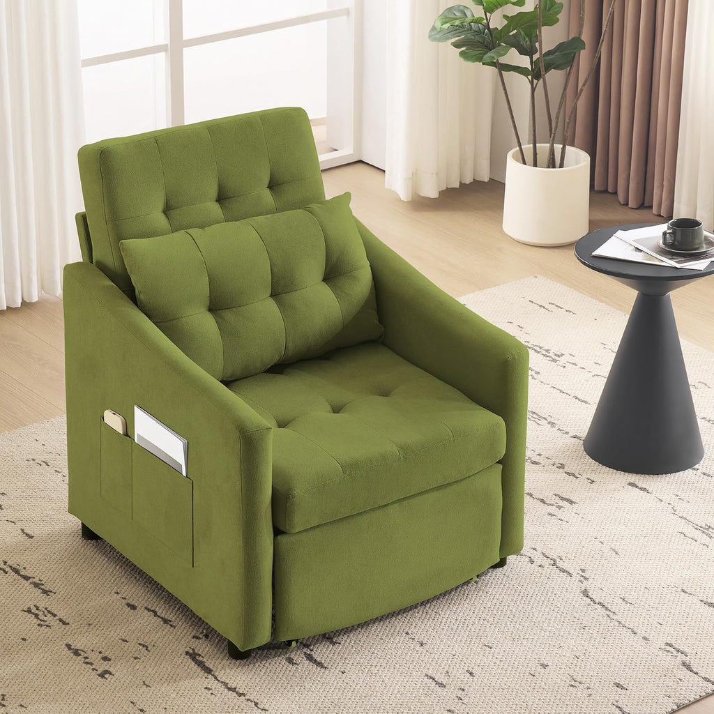 Bezseller Sleeper Sofa Chair Bed, 3-in-1 Convertible Sleeper Chair with Storage Drawer, Pull Out Couch with Side Pocket, Pillow, and Adjustable Backrest, for Living Room Bedroom Apartment, Green