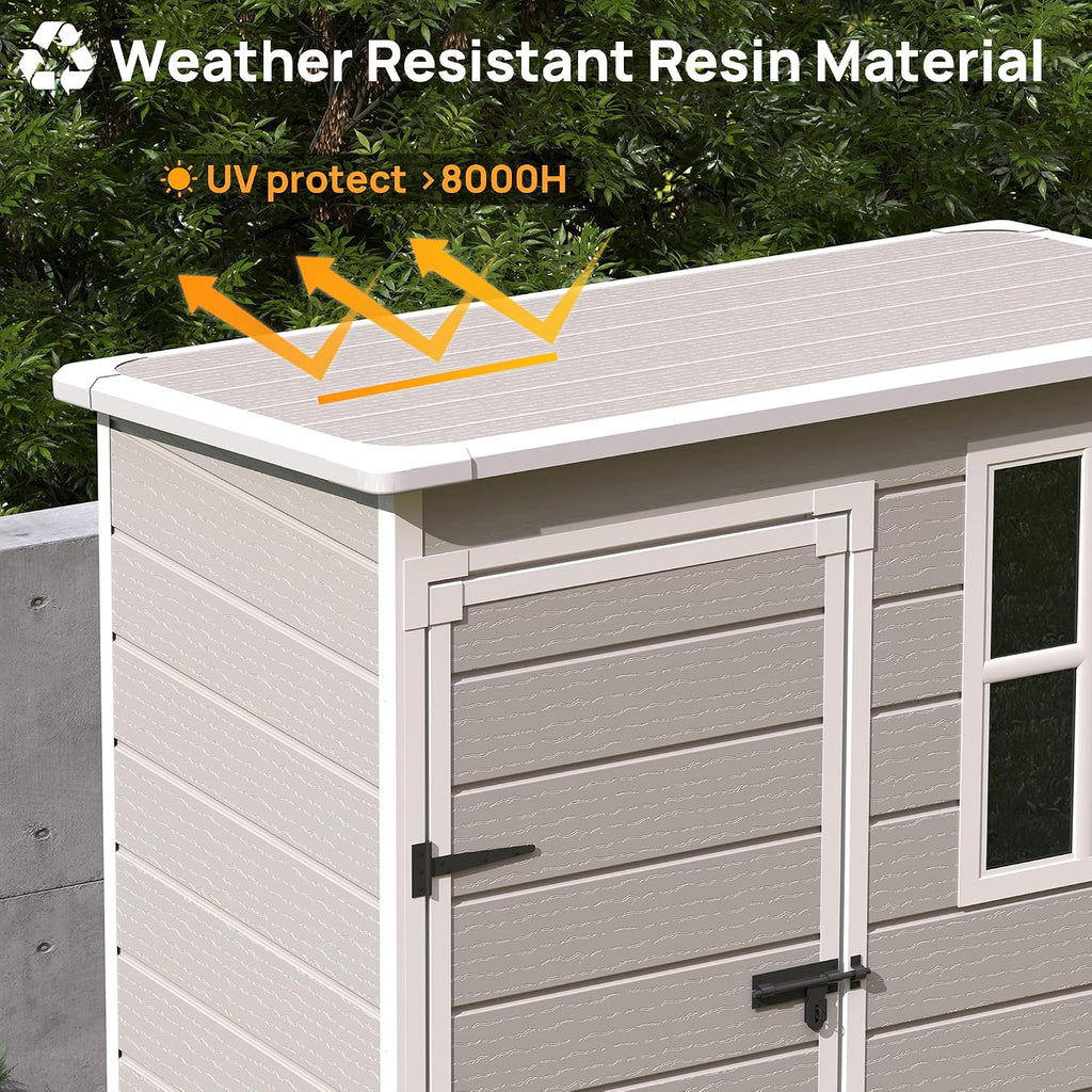 Resin Outdoor Storage Shed with Floor, 5x3FT Plastic Garden Shed, Lockable Door & Window, Waterproof Tool Shed for Bike, Garbage Can, Lawn Mower, Patio Furniture Bedge