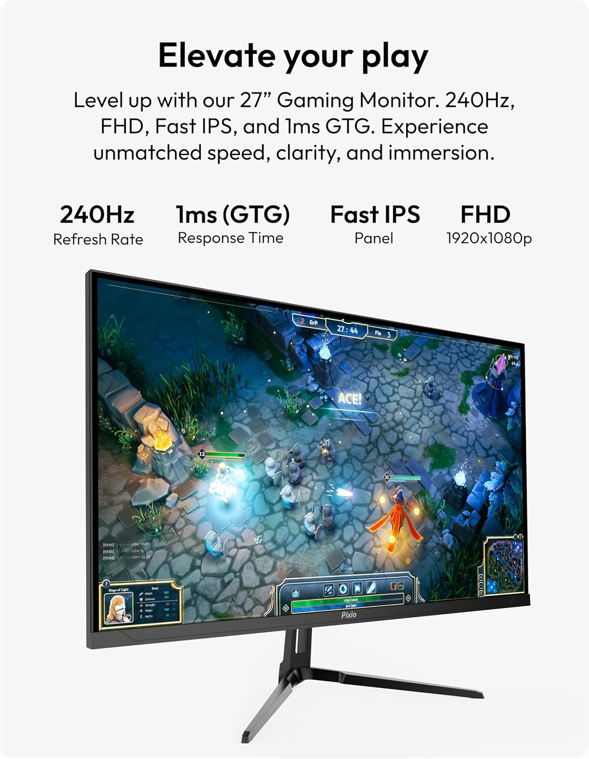 Pixio PX279 Wave 27 inch 240Hz Refresh Rate FHD 1080p Resolution Fast IPS Panel 1ms GTG Resonse Time Gaming Monitor and PS1S Wave Black Single Monitor Arm - Fits up to 32 inches and 19.8lbs