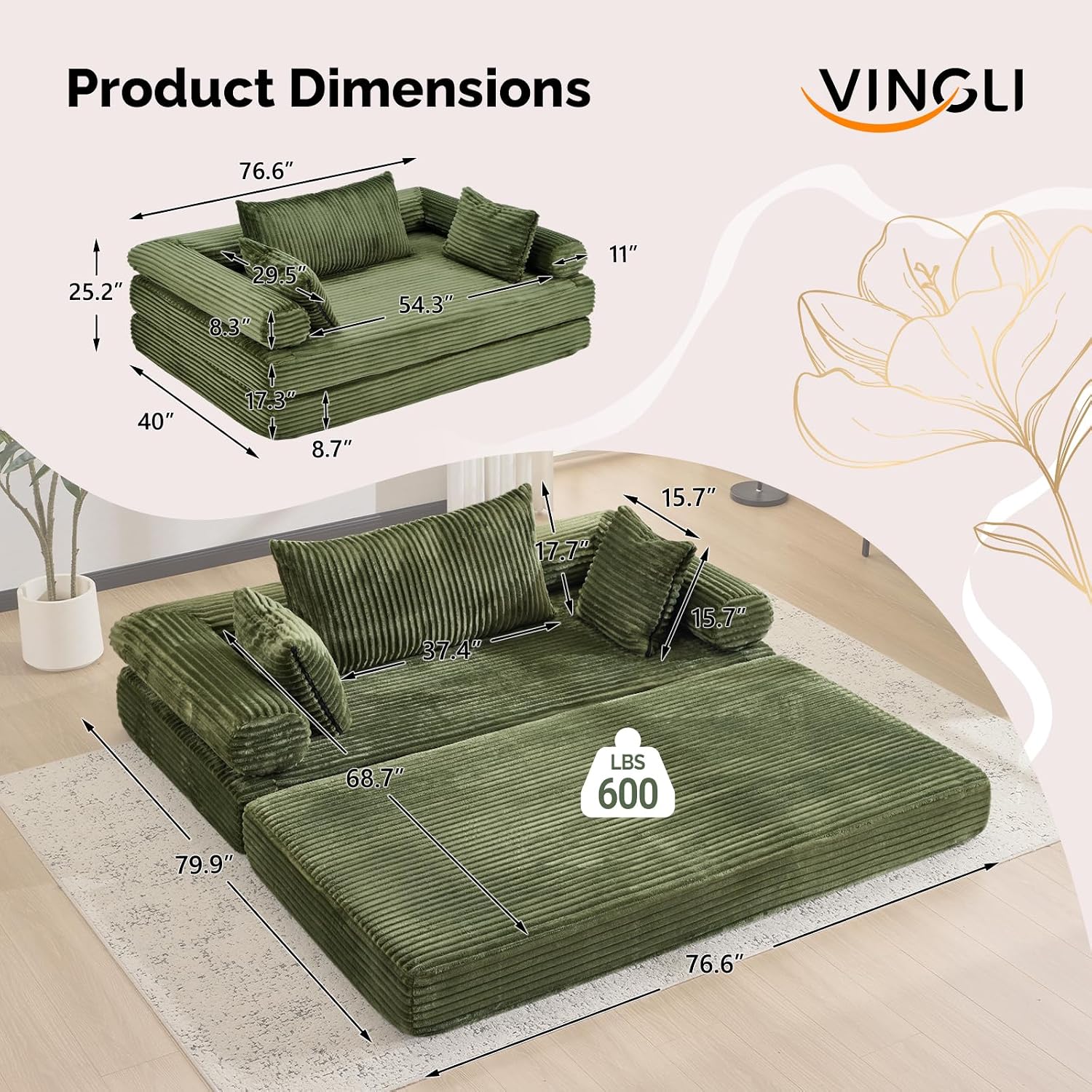 VINGLI Convertible Futon Sofa Bed, Upholstered Corduroy Boneless Couch King Size Floor Loveseat Sleeper Sofa with 2-in-1 Throw Pillow & Blanket Couches for Living Room, Bedroom, Lounge, Green