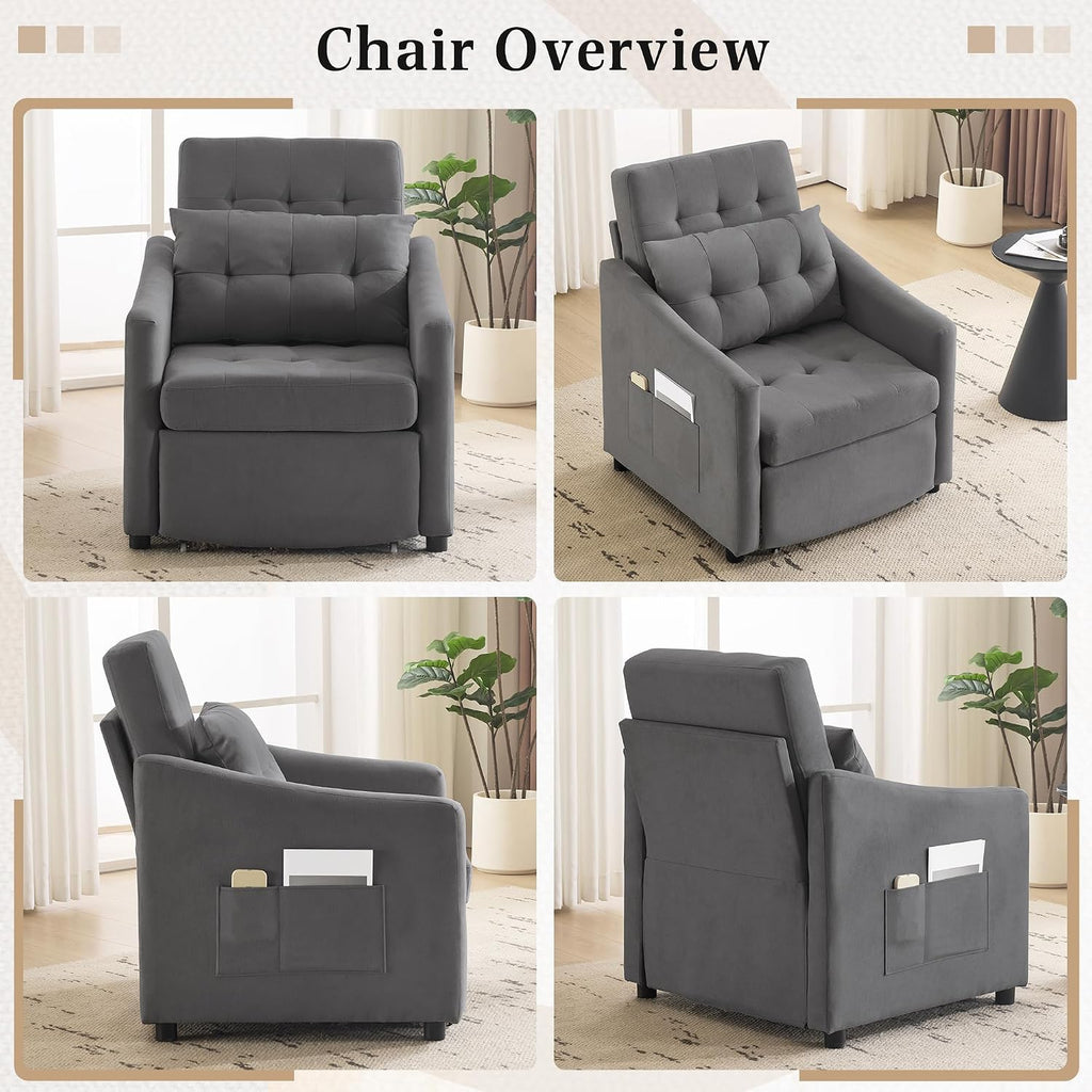 Bezseller Sleeper Sofa Chair Bed, 3-in-1 Convertible Sleeper Chair with Storage Drawer, Pull Out Couch with Side Pocket, Pillow, and Adjustable Backrest, for Living Room Bedroom Apartment, Dark Grey