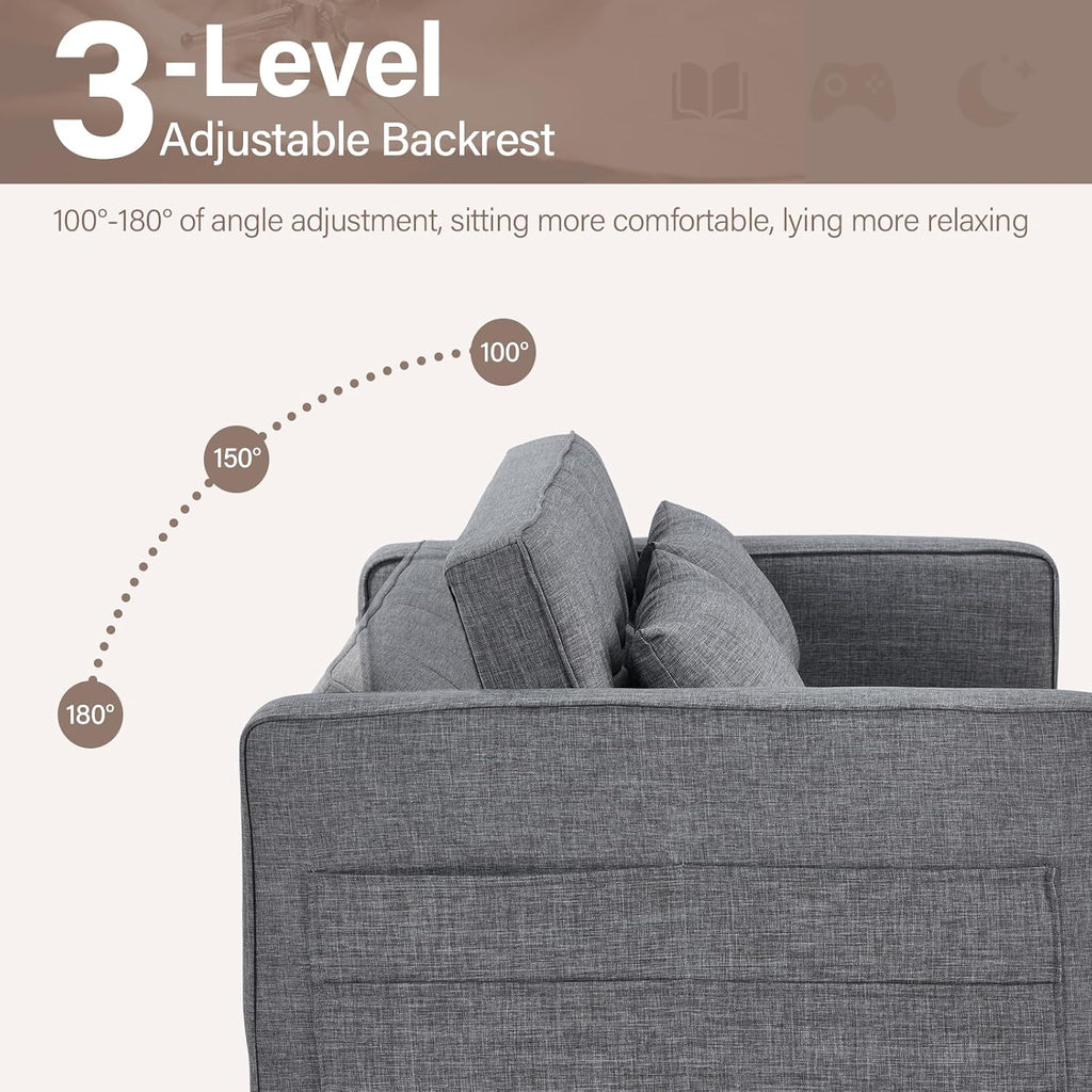 HAOMARKETS 3 in 1 Convertible Sleeper Sofa Bed, Loveseat Chaise Lounge with Pullout Bed, 2-Seater Futon Couches with Storage Pockets, 3-Level Adjustable Backrest and Pillows for Living Room, Grey