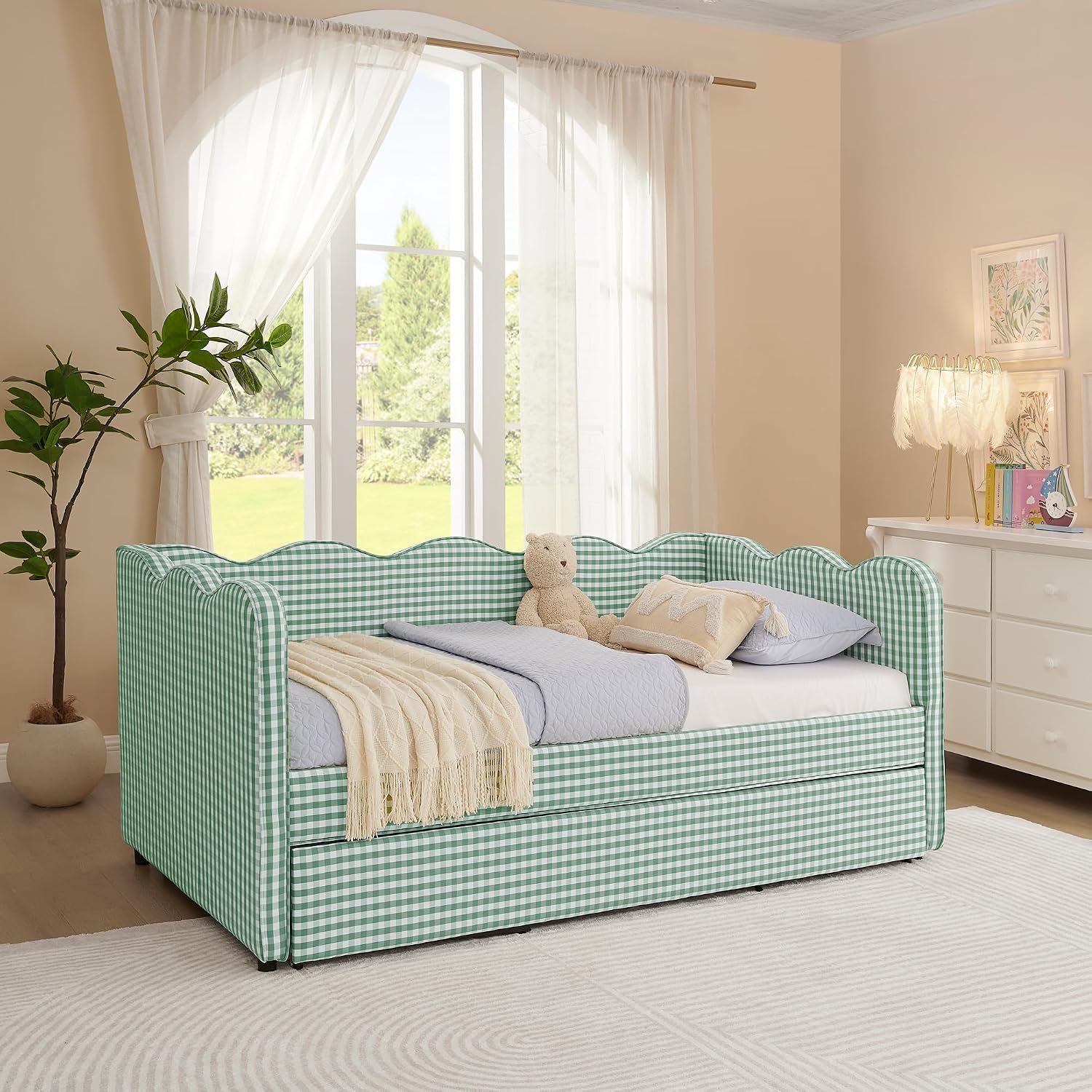 KEIKI Twin Size Upholstery Daybed with Trundle and USB, Twin to King Design Adorable Wave Shaped Extendable Linen Sofa Bed, Easy Assembly, No Box Spring Required, for Living Room and Bedroom, Cyan