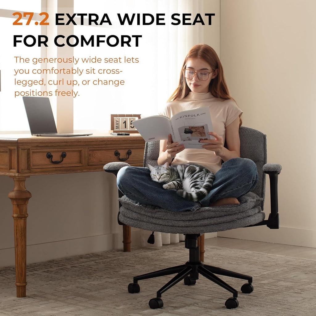 Dowinx Criss Cross Chair with Adjustable Flip-up Arms and Wheels, Comfort Ergonomic Office Desk Armchair with 3 Layer Cushions, Wide Seat Vanity Chair for Home Office, Living Room, Bedroom, Gray