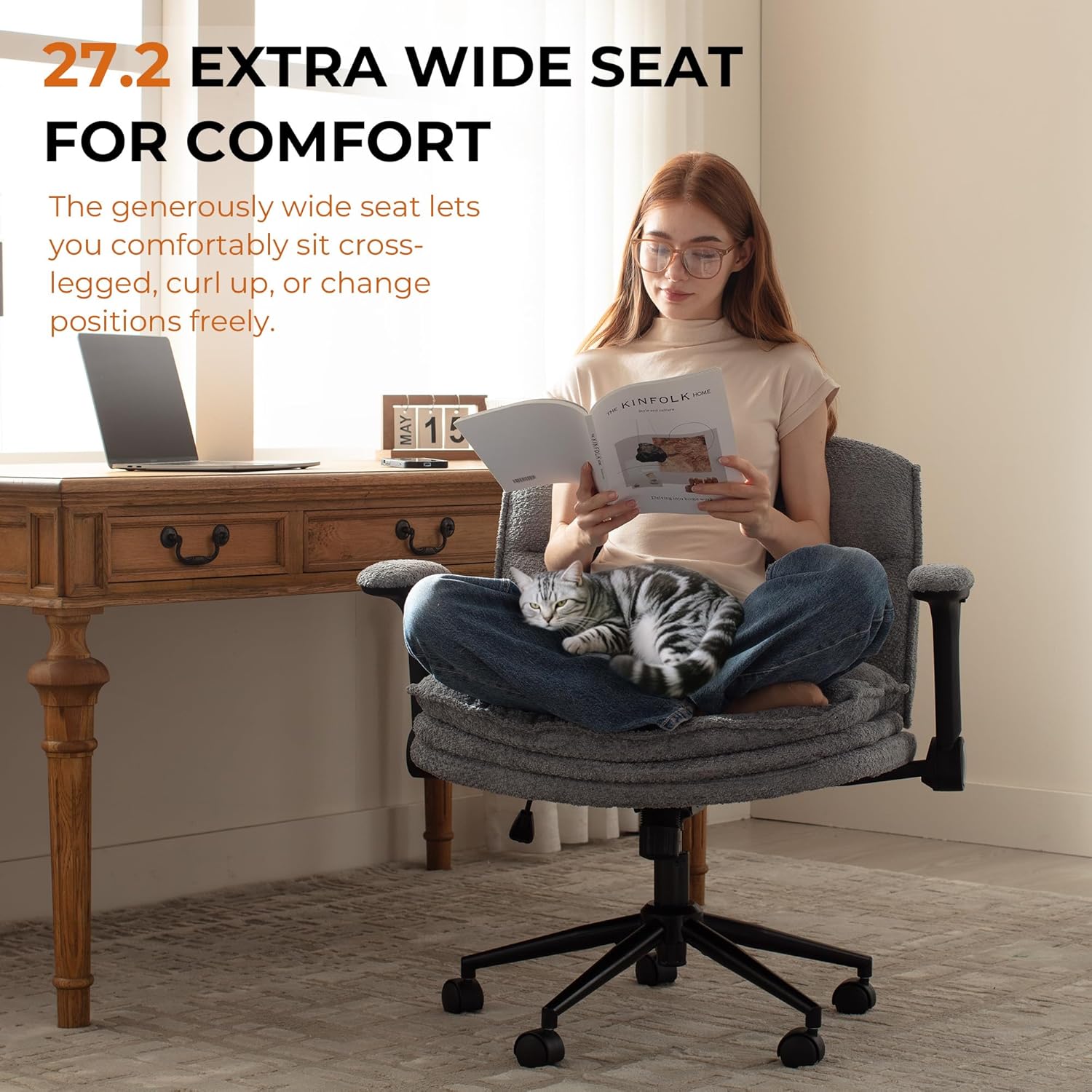 Dowinx Criss Cross Chair with Adjustable Flip-up Arms and Wheels, Comfort Ergonomic Office Desk Armchair with 3 Layer Cushions, Wide Seat Vanity Chair for Home Office, Living Room, Bedroom, Gray