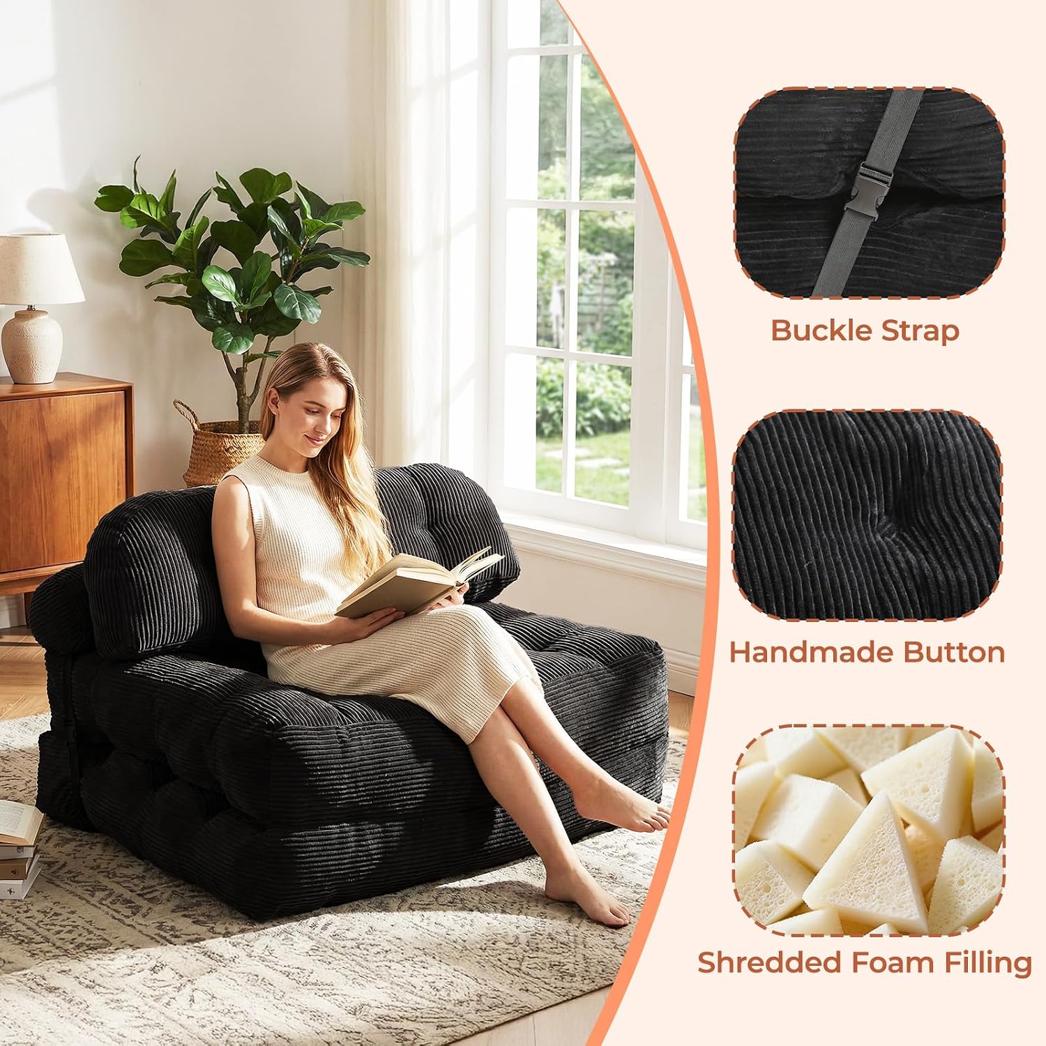 Folding Sofa Bed, Convertible Sleeper Chair with Back Support and Pillow Futon, Boneless Matress, for Living Room/Guest Use/Home Office, Foldable Chair Bed for Adults, Black, Full