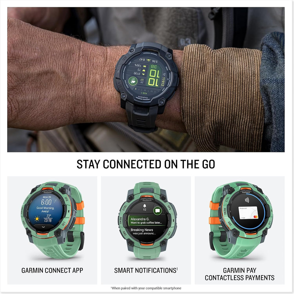 Garmin Instinct® 3 45mm, AMOLED Display, Rugged Outdoor GPS Smartwatch, Metal-Reinforced Bezel, Built-in Flashlight, Up to 18 Days of Battery Life, Neo Tropic