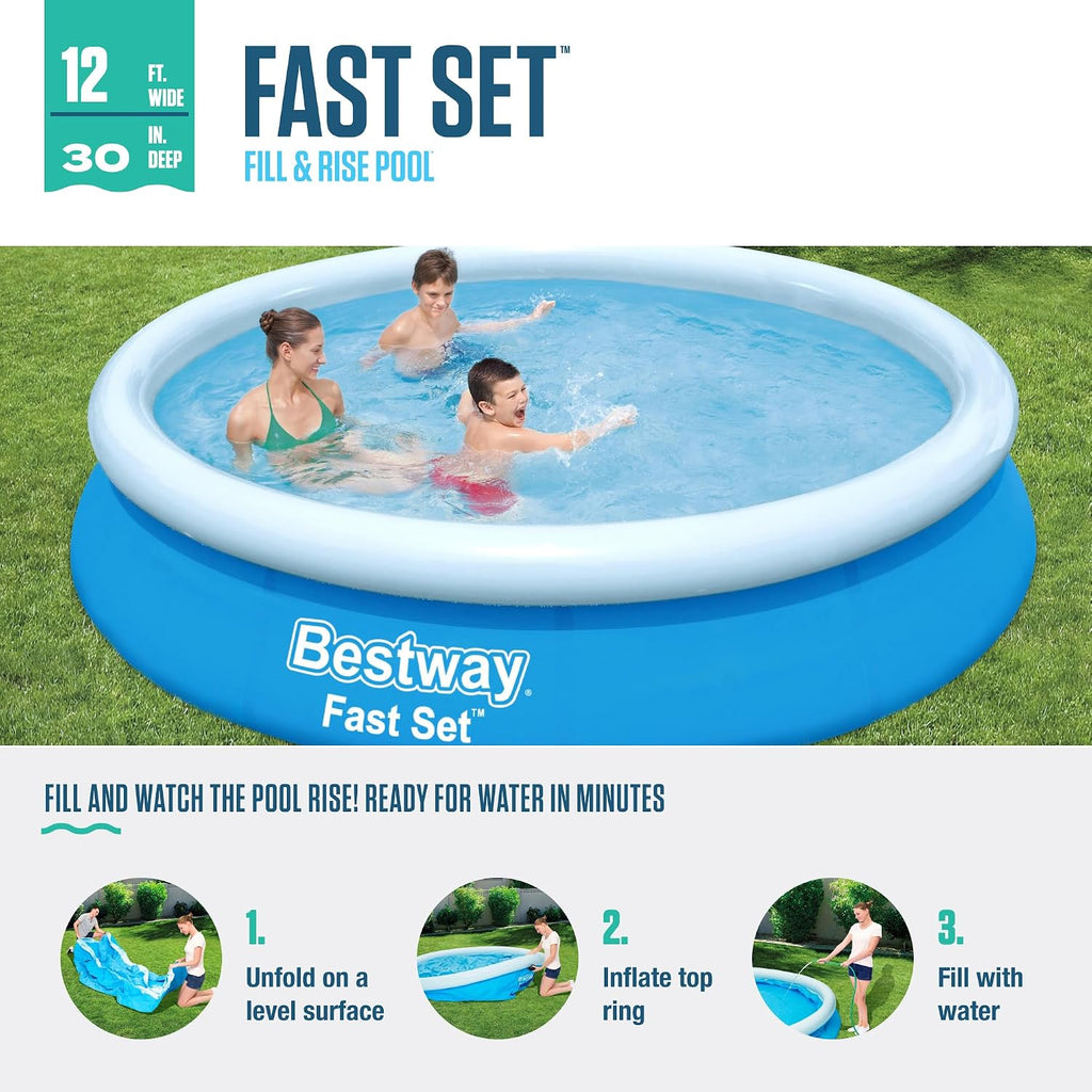 Bestway Fast Set 12 Foot x 30 Inch Round Inflatable Ring Above Ground Swimming Pool Set Easy Setup Backyard Outdoor Family Pool with Filter Pump