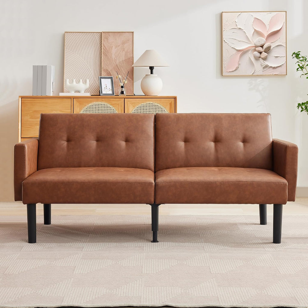 Garvee 75.5' Convertible Futon Sofa Bed, PU Leather Upholstered Futon Couch with Strong Legs, Mid Century Modern Sleeper Sofa, Comfy Loveseat for Living Room, Bedroom, Dorm, Brown
