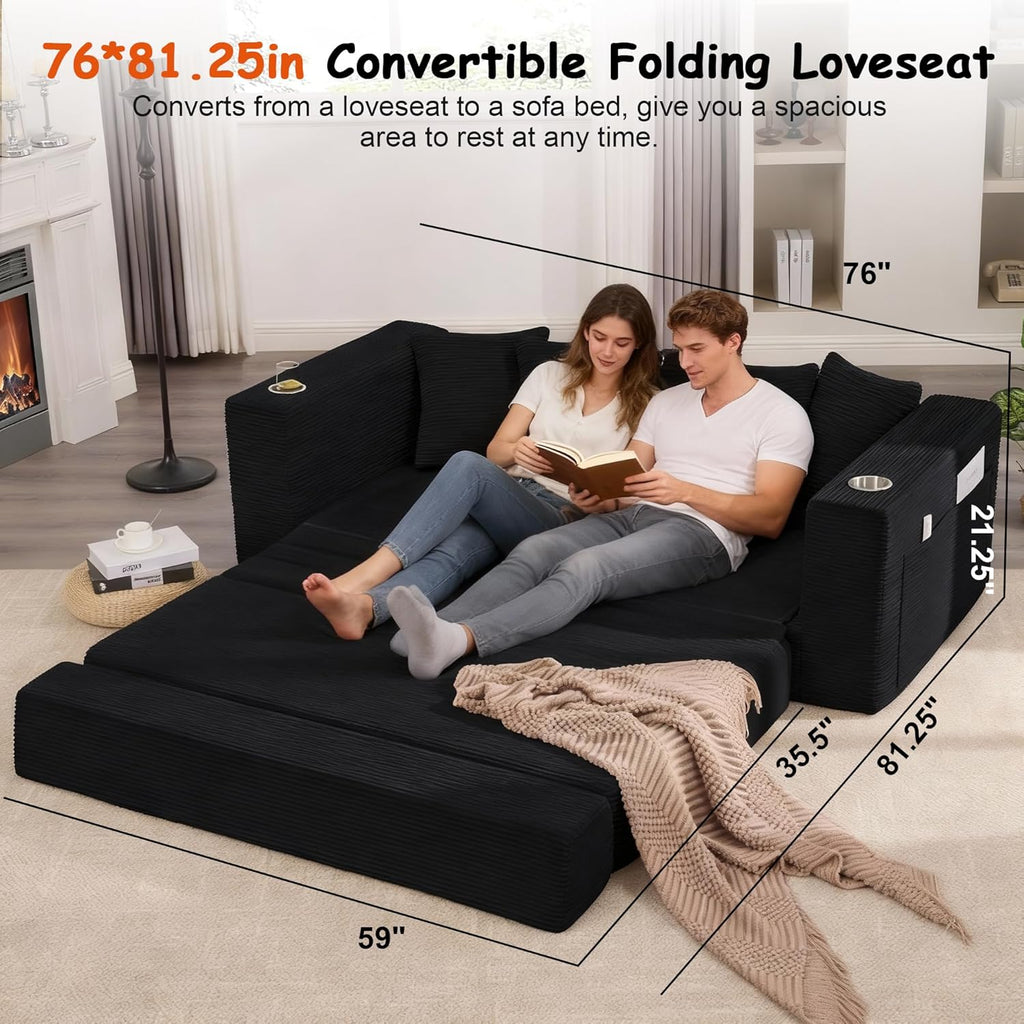 76' Convertible Sofa Bed, 2-in-1 Boneless Sleeper Sofa with Cup Holder & Pocket, Corduroy Pull Out Couch with 5 Pillows, Couch Bed for Living Room, Small Spaces, Bedroom, No Assembly