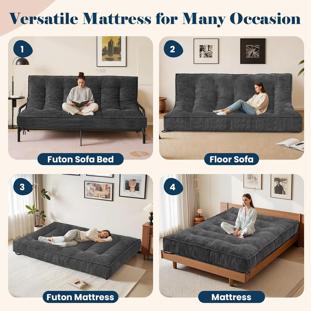 8 Inch Futon Mattress Full Size, Futon Floor Sofa Bed Foldable with Soft Corduroy Fabric - High Resilience Foam Filling - 2 Storage Straps for Home, Guest Room, Dorm, Grey (Frame Not Included)