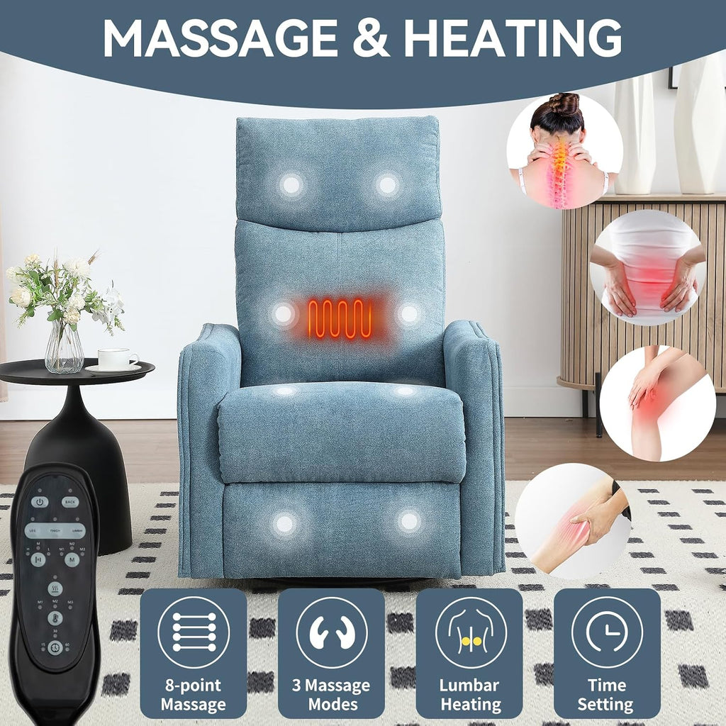 Massage Chair Recliner with Heat, 360° Swivel Glider Rocker with Reclining Backrest and Footrest, Manual Lazy Boy Recliners for Adults, Modern Nursery Rocking Chairs (Blue)