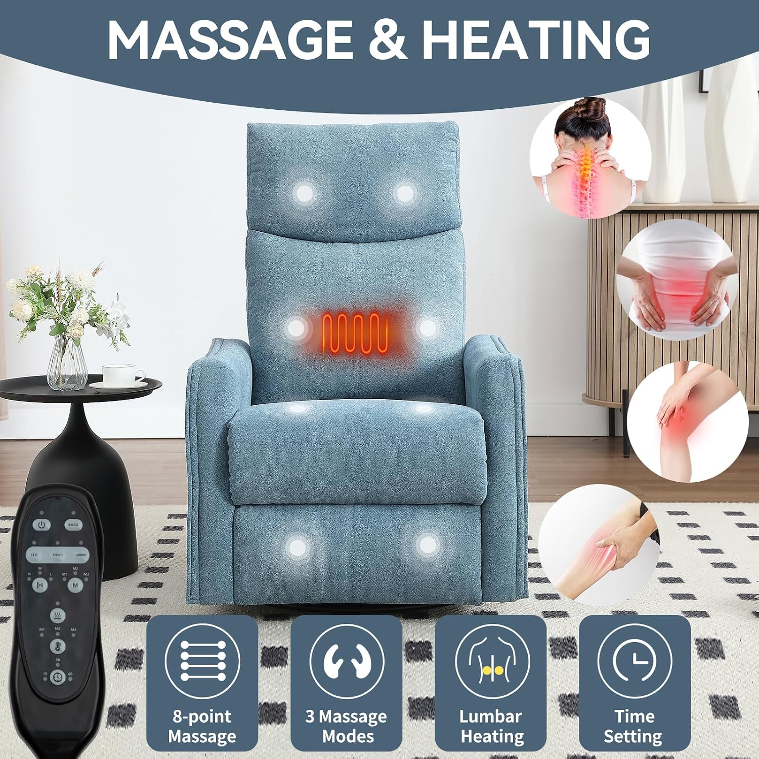 Massage Chair Recliner with Heat, 360° Swivel Glider Rocker with Reclining Backrest and Footrest, Manual Lazy Boy Recliners for Adults, Modern Nursery Rocking Chairs (Blue)