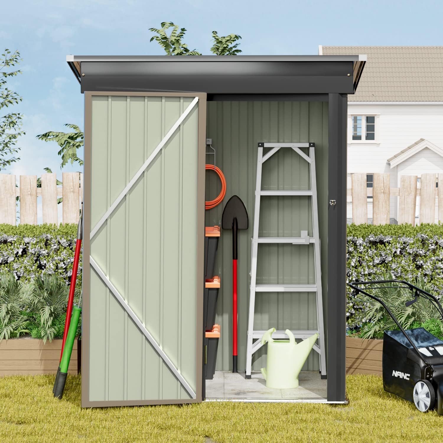 Greesum Metal Outdoor Storage Shed 5FT x 3FT, Steel Utility Tool Shed Storage House with Door & Lock, Metal Sheds Outdoor Storage for Backyard Garden Patio Lawn (5' x 3'), Light Brown
