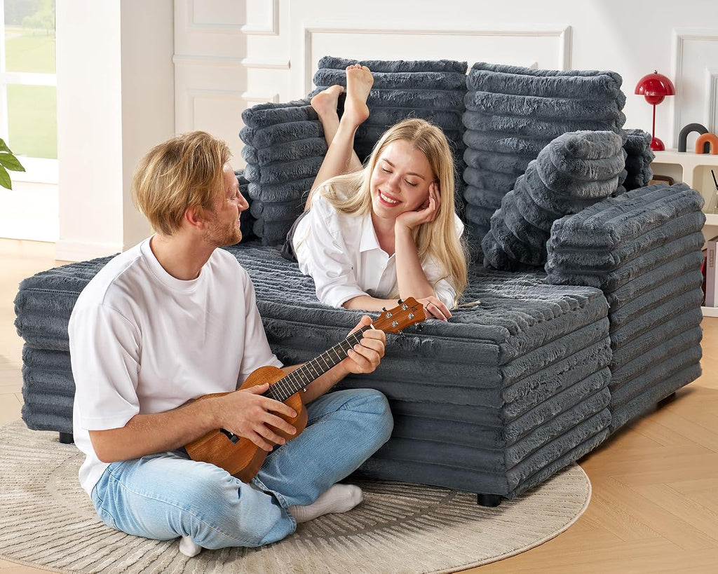 VanAcc 58-Inch Plush Chaise Lounge, Complete with Cozy Throw Pillows, Upholstered Sofa Bed with Armrests, Faux Fur Chair Bed for Living Room, Dark Grey