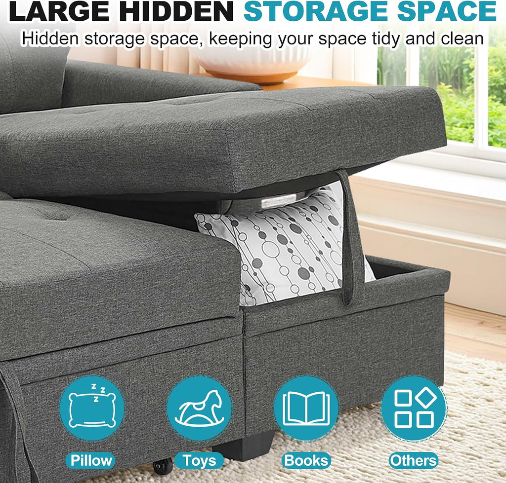 L Shaped 3 Seat Sofa Bed with Storage, 86' Sleeper Sofa Couch with Pull Out Chaise Sectional Couch for Apartment, Bedroom, Living Room, Gray