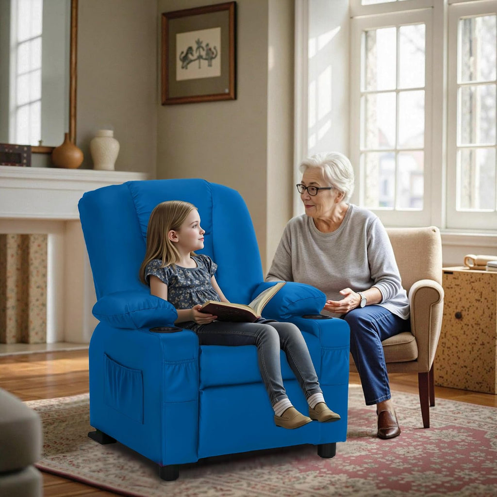 MCombo Big Kids Recliner for Ages 3+, Child Recliner Chair, Toddlers Recliner Sofa with Cup Holders, Faux Leather, 7322(Blue)
