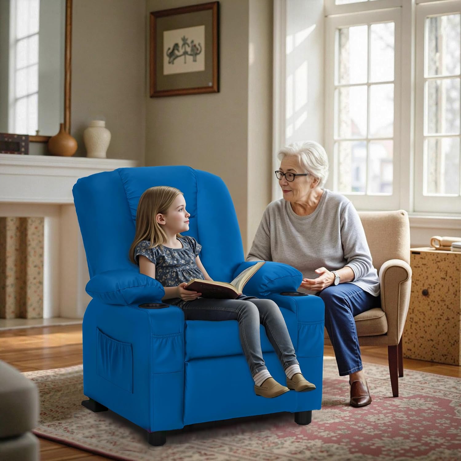 MCombo Big Kids Recliner for Ages 3+, Child Recliner Chair, Toddlers Recliner Sofa with Cup Holders, Faux Leather, 7322(Blue)
