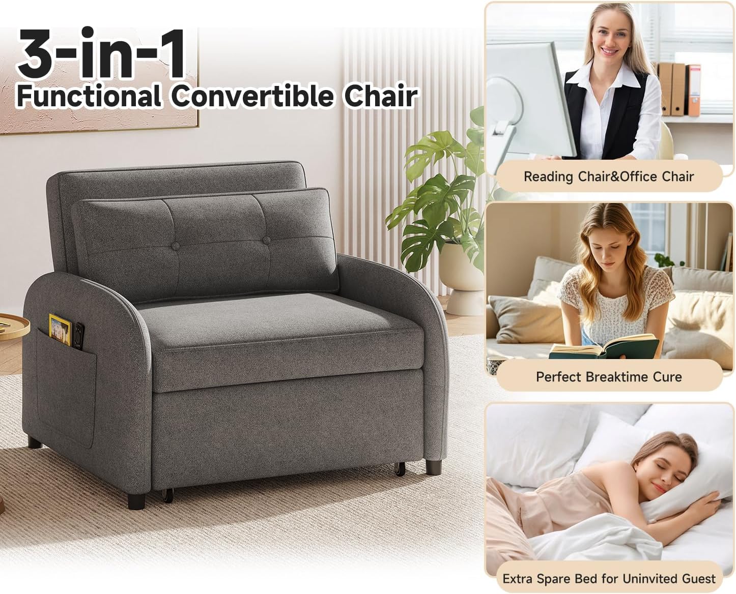 Merax 3-in-1 Convertible Sleeper Sofa Bed, Loveseat to Bed with Pullout Design, Soft Cotton Linen Fabric, Includes Pillow & Side Pockets for Small Spaces, Apartment, Living Room, Grey