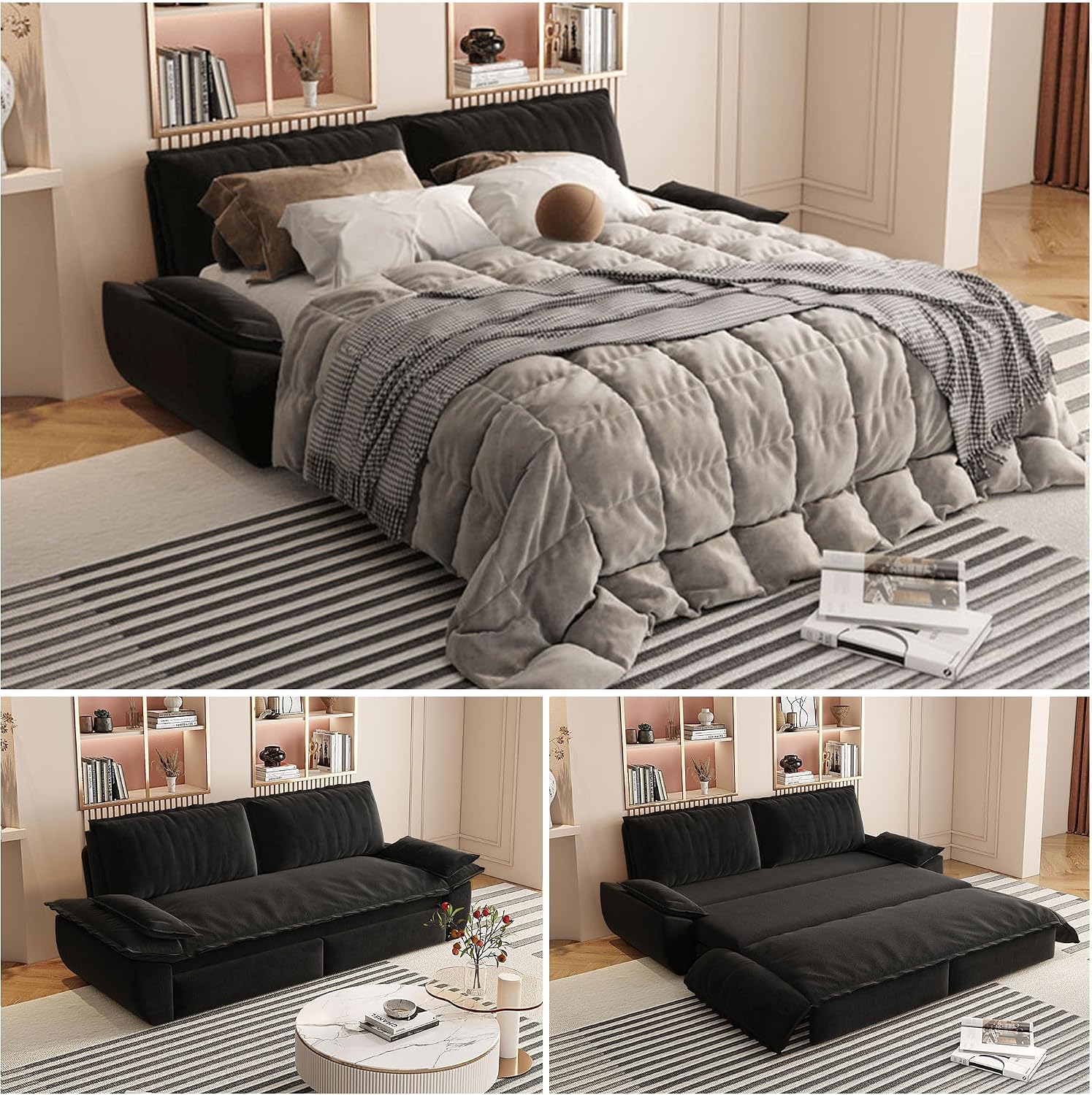 73.2' Queen Size Pull Out Sofa Bed, 3-in-1 Convertible Sleeper, Velvet Loveseat for Living Room, Apartment, Bedroom Small Spaces, Black (Mattress & Bedding Not Included)