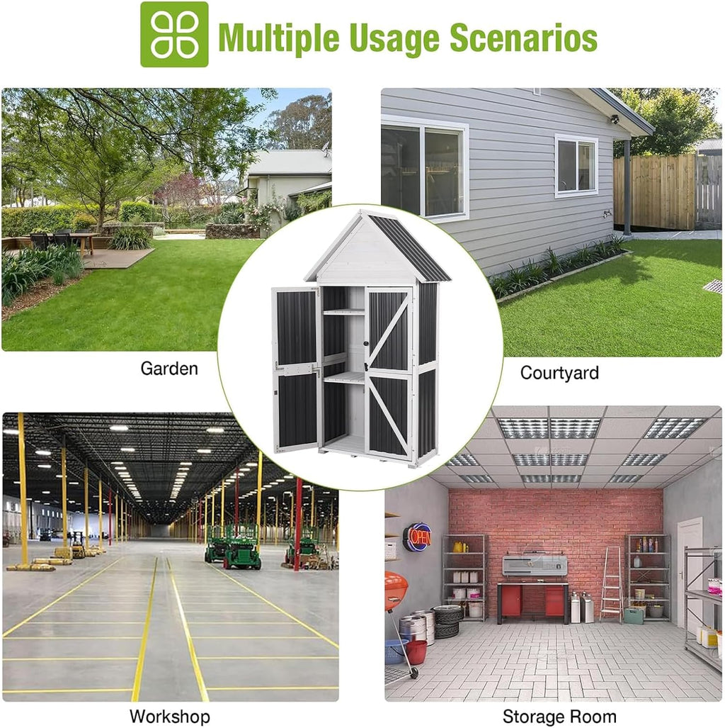 GUTINNEEN Outdoor Storage Shed with All Around Strong Metal Frame, Wooden Tool House with Floor & Adjustable Shelves, Garden Tool Sheds Cabinet for Backyard Garden Patio Lawn 67.1' H (Black＆White)