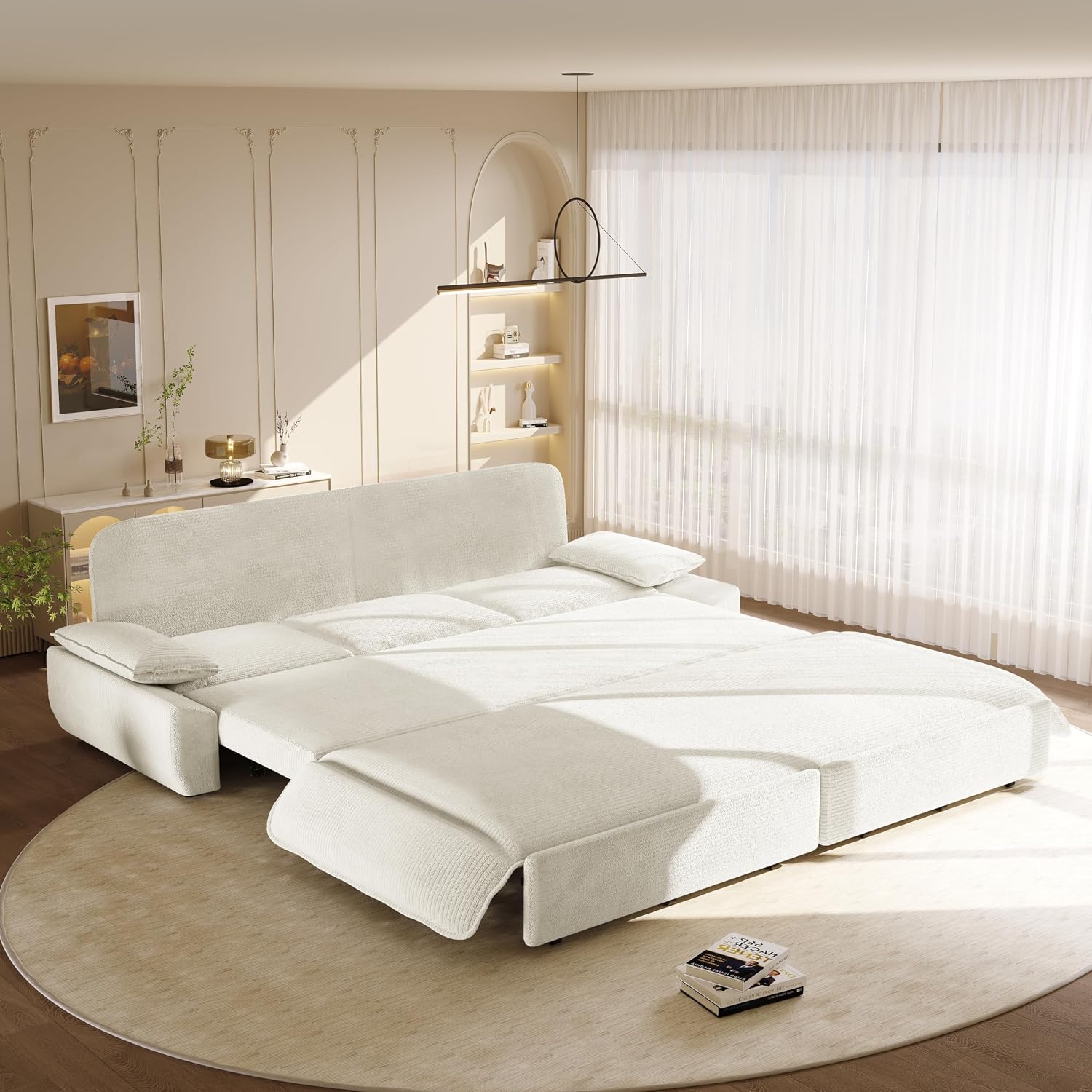 94.5' Pull Out Couch King Size, Futon Sofa Bed, 3-in-1 Convertible Sleeper Sofa Bed with Cushion Armrest, Modern Corduroy Loveseat Couches for Living Room, Small Space, Apartment, Beige