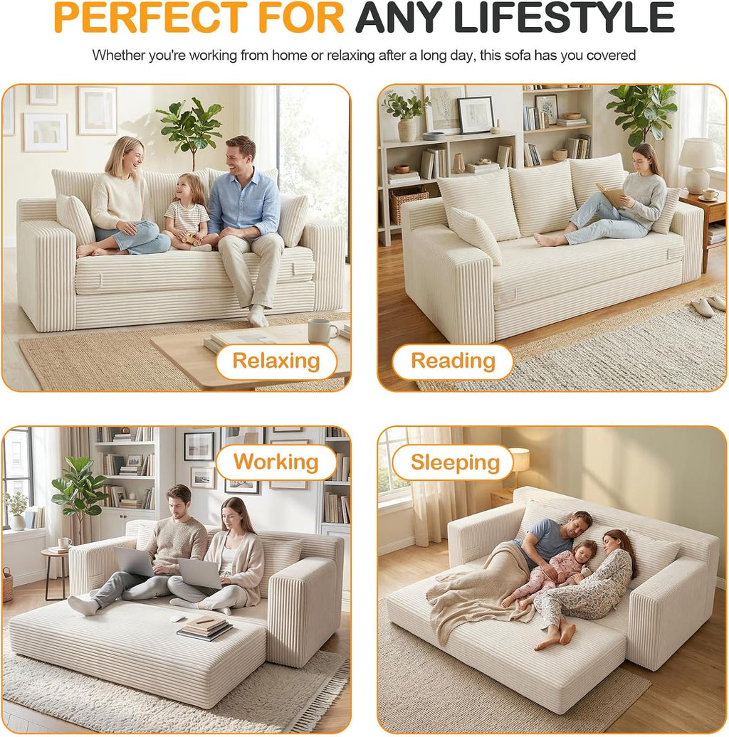 Oversize Loveseat Boneless Convertible Sofa Bed, Folding Floor Futon Sleeper Sofa Queen Size Couch Bed- Boneless Foldable Couch, Corduroy Pull Out Sofa Bed with 5 Pillows for Living Room & Bedroom
