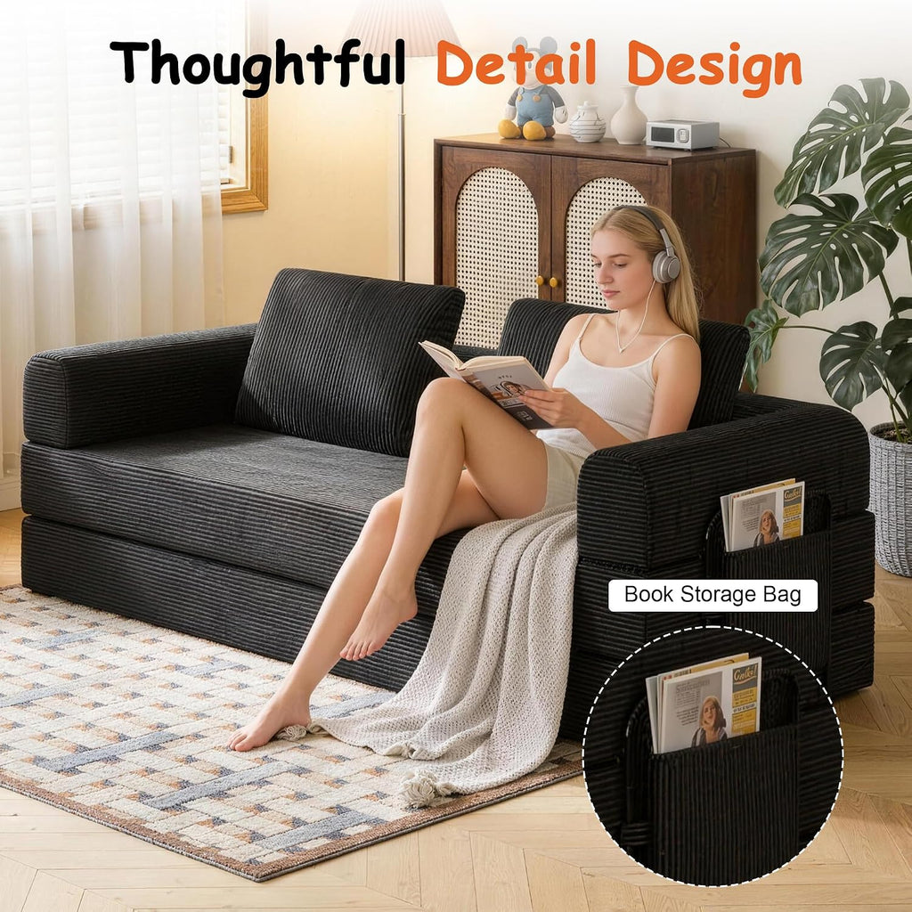 78' Convertible Sofa Bed, 5-in-1 Boneless Sleeper Sofa with with Fixed Frame & Pocket, Corduroy Pull Out Couch with 2 Pillows, Couch Bed for Living Room, Small Spaces, Bedroom, No Assembly