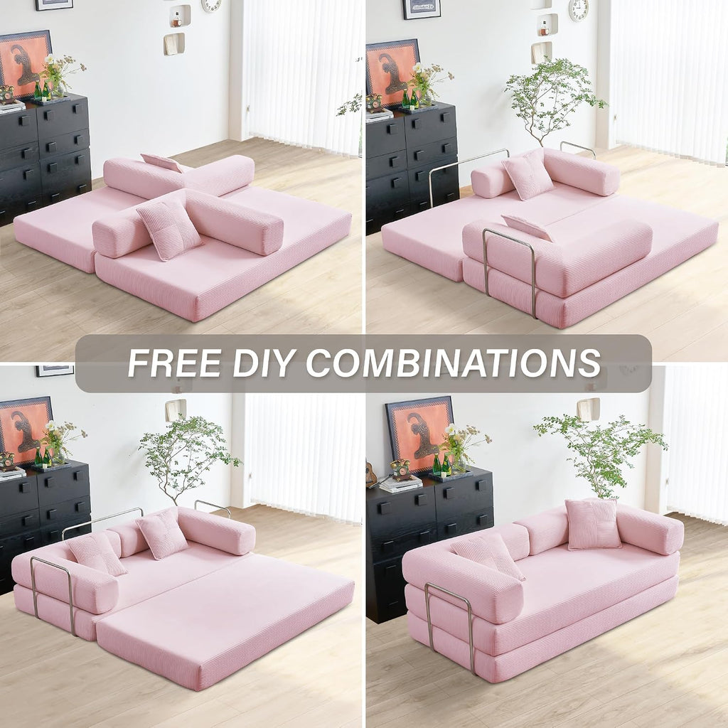 YINIX Foldable Sofa Bed, 78'' Folding Floor Couch, Compressed Convertable Sleeper Sofa, Memory Foam Couch with Pillow Back Support Armrest, 4-in-1 Futon Sofa Bed for Living Room, Pink
