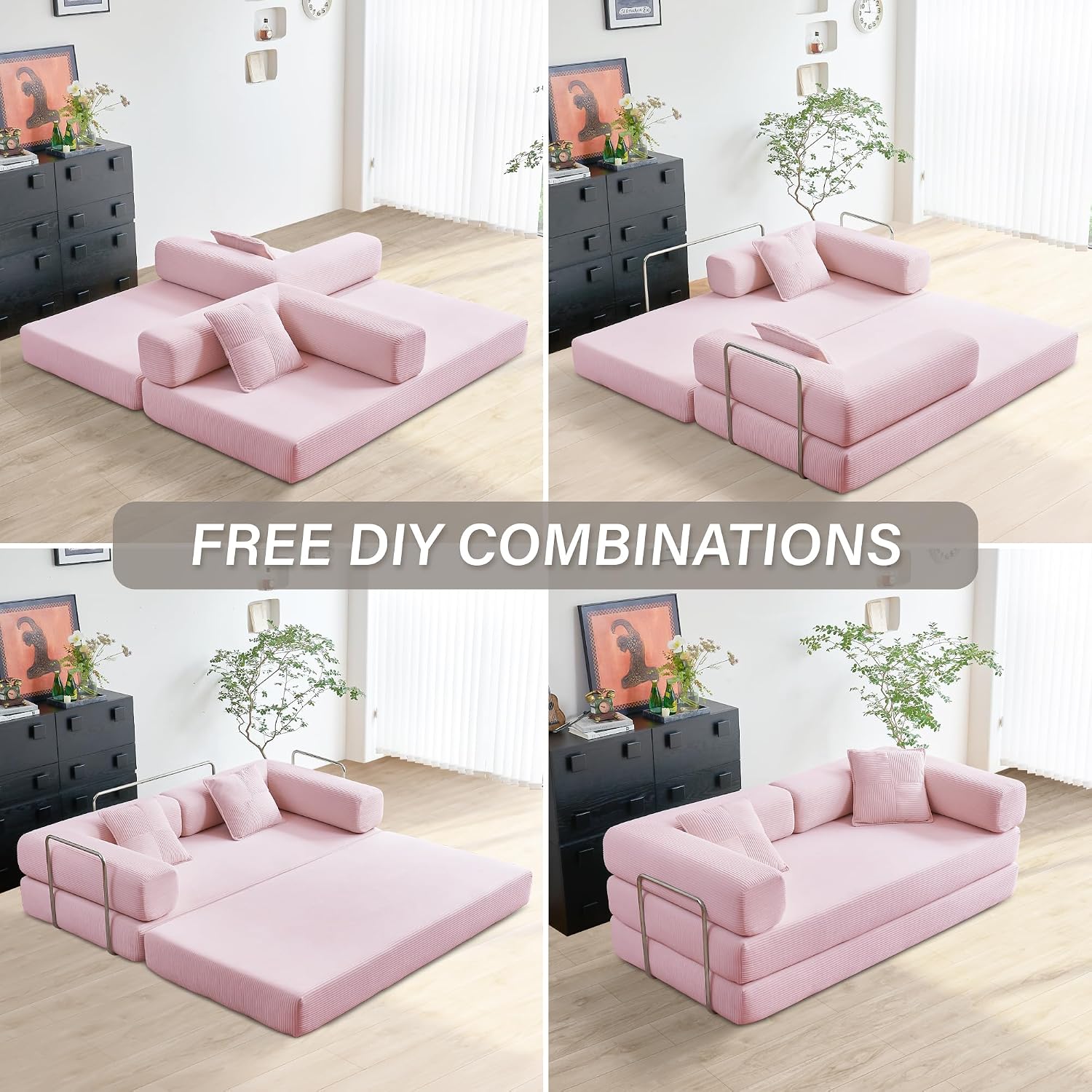 YINIX Foldable Sofa Bed, 78'' Folding Floor Couch, Compressed Convertable Sleeper Sofa, Memory Foam Couch with Pillow Back Support Armrest, 4-in-1 Futon Sofa Bed for Living Room, Pink
