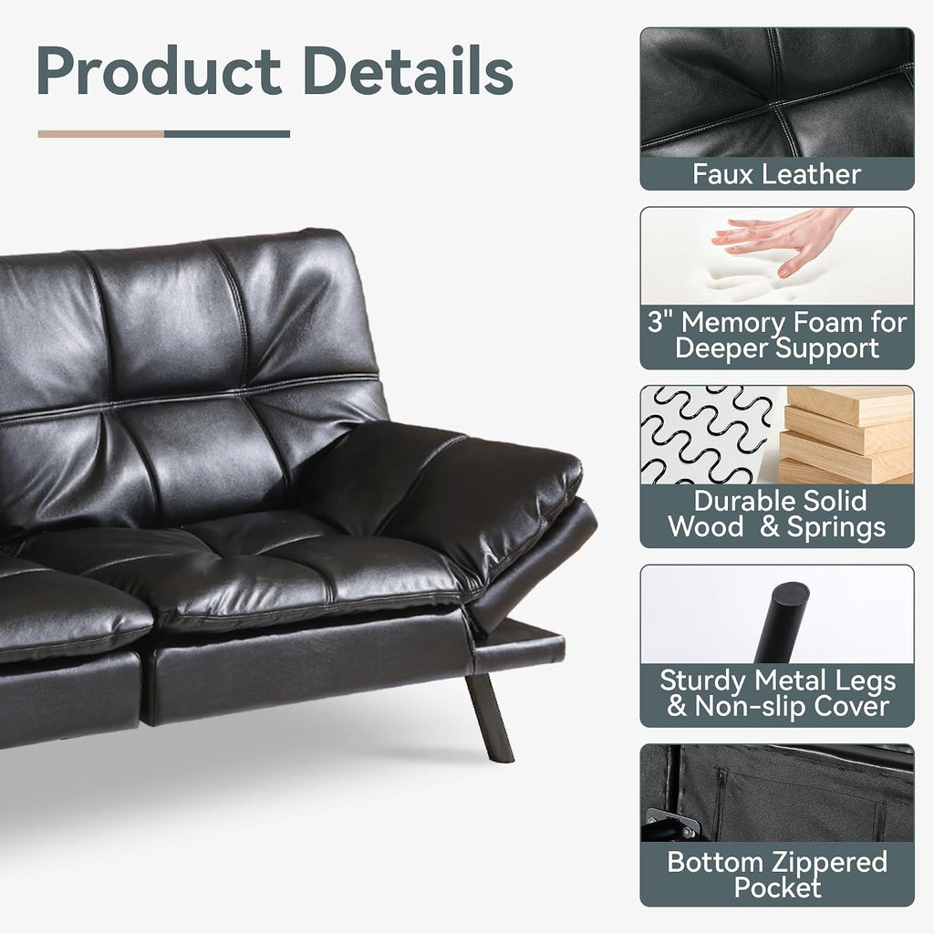 Futon Sofa Bed Convertible Couch, Black Faux Leather Sofa Bed with Memory Foam, Adjustable Backrest & Armrests, Multifunctional Small Loveseat Sleeper Sofa for Living Room, Apartment, Office