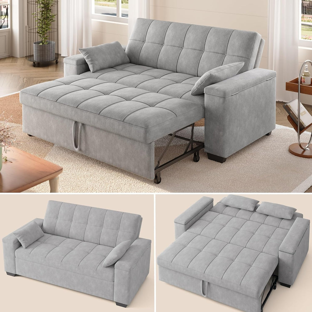 Gizoon Convertible Sofa Bed Futon, 70.9'' Sleeper Loveseat with Pull Out Couch, 3 in 1 Plush Fleece Fabric Futon Couch with Side Pockets, Storage Armrest & Adjustable Backrest for Living Room, Grey