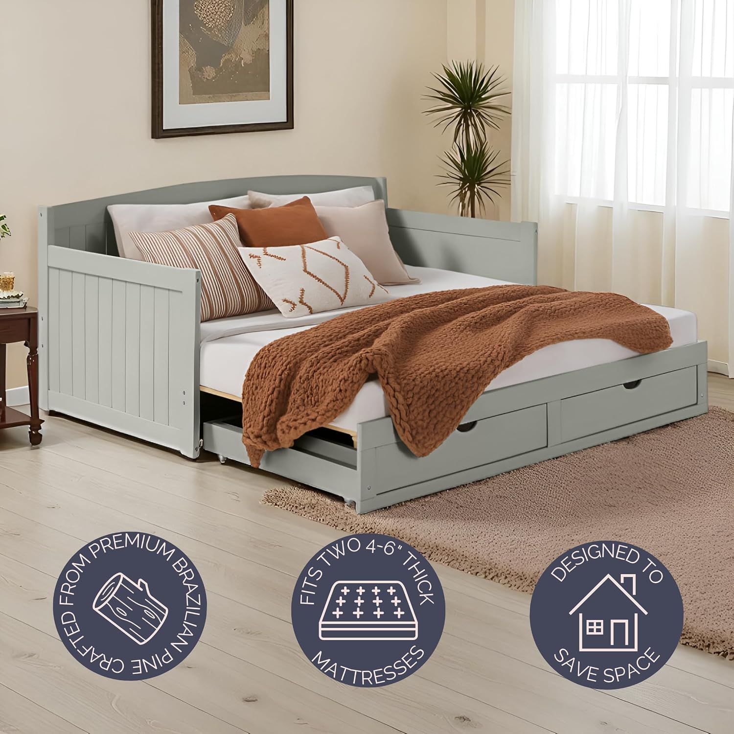 Alaterre Furniture Harmony Twin to King Daybed with Pop Up Trundle Bed - Solid Wood Twin Day Bed with 2 Pull-Out Storage Drawers and 400lb Capacity - For Kids, Guest Room, Living Room (Dove Gray)