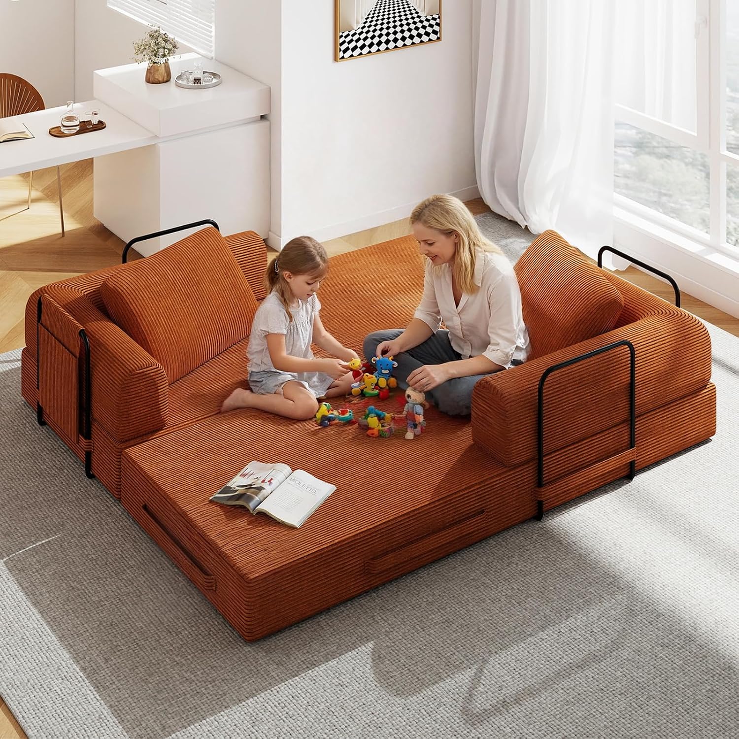 78'' Sleeper Couch Bed for Living Room, Convertible Modular Sofa with Fixed Frame and Side Pocket, Corduroy Futon Boneless Couches in a Box, No Assembly, Orange