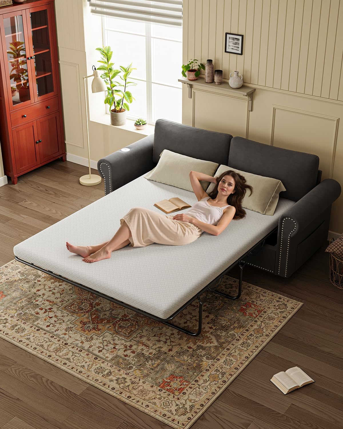 Queen Pull Out Sofa Bed | 83' Large Sleeper Sofa with Queen Size Mattress | 2-in-1 Convertible Loveseat Sofa-Bed with USB Ports Side Pockets Dark Grey