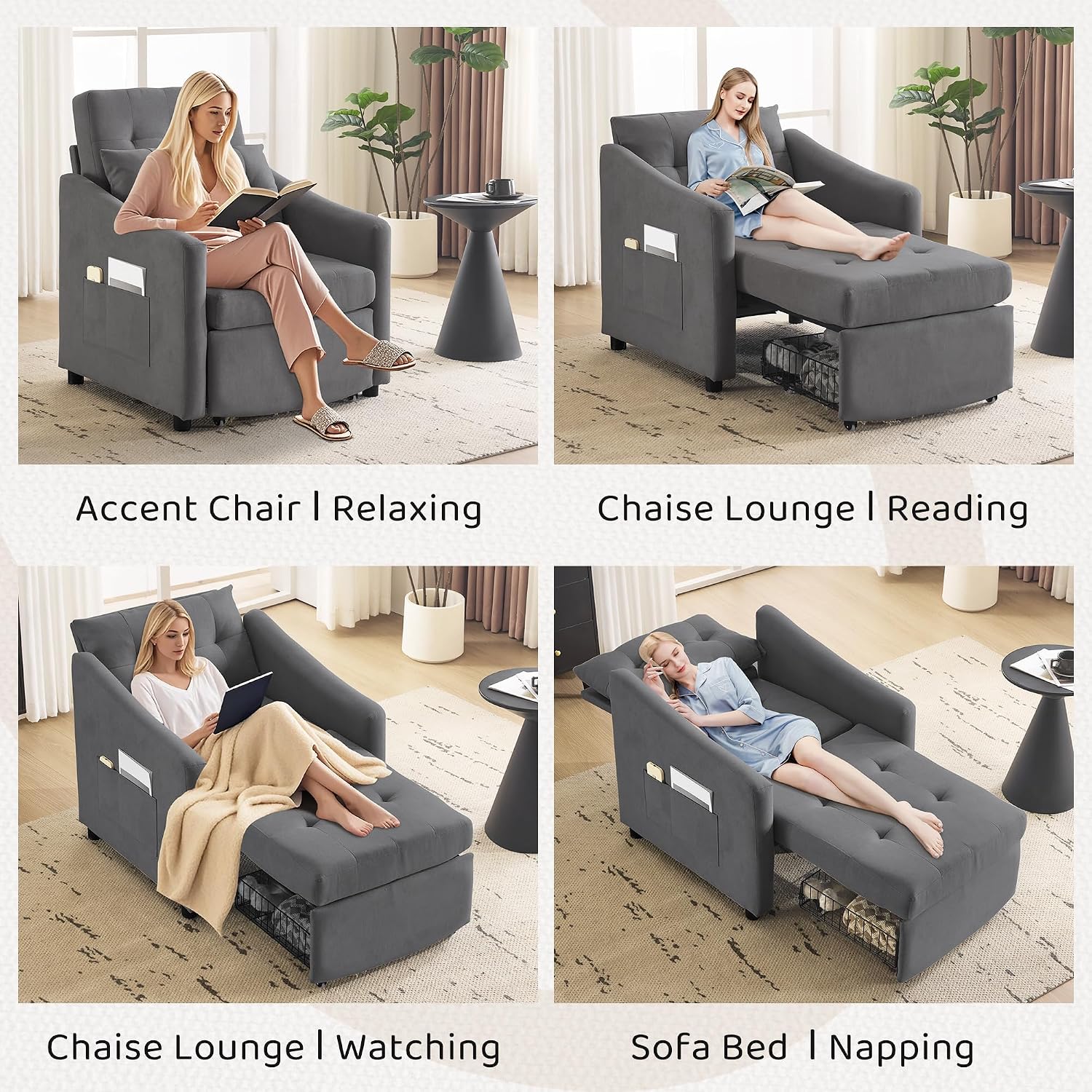 Bezseller Sleeper Sofa Chair Bed, 3-in-1 Convertible Sleeper Chair with Storage Drawer, Pull Out Couch with Side Pocket, Pillow, and Adjustable Backrest, for Living Room Bedroom Apartment, Dark Grey