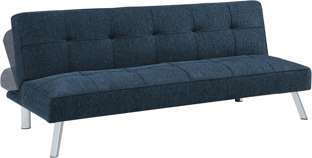 OSP Home Furnishings Kenneth Modern Button Tufted Convertible Click-Clack Futon Sofa Bed, Indigo Blue Fabric with Chrome Legs