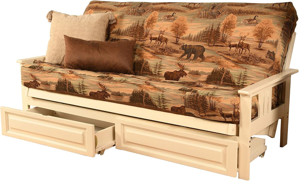 Kodiak Furniture Monterey Futon Set with Storage Drawers, with Antique White Base and Canadian Mattress