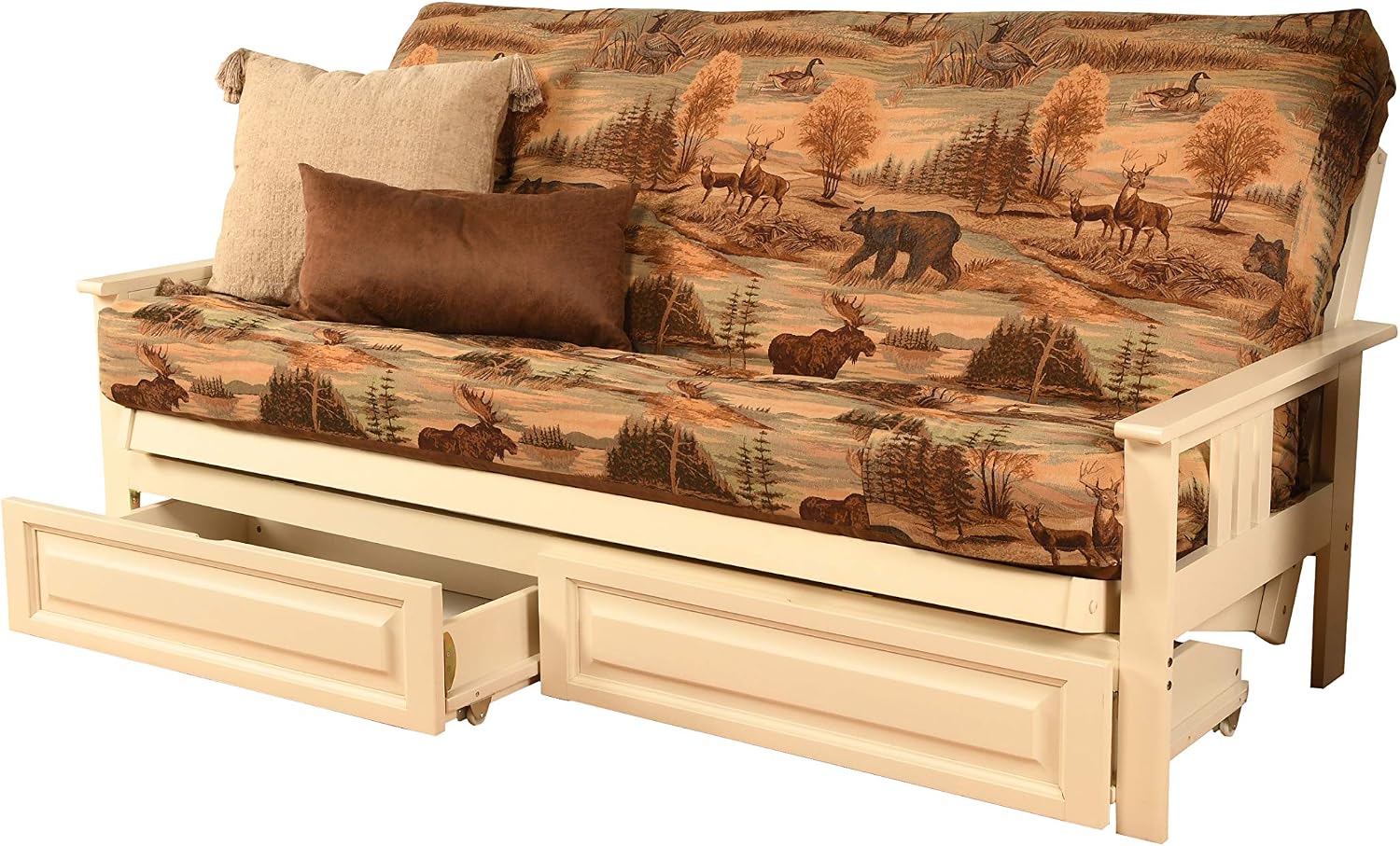 Kodiak Furniture Monterey Futon Set with Storage Drawers, with Antique White Base and Canadian Mattress