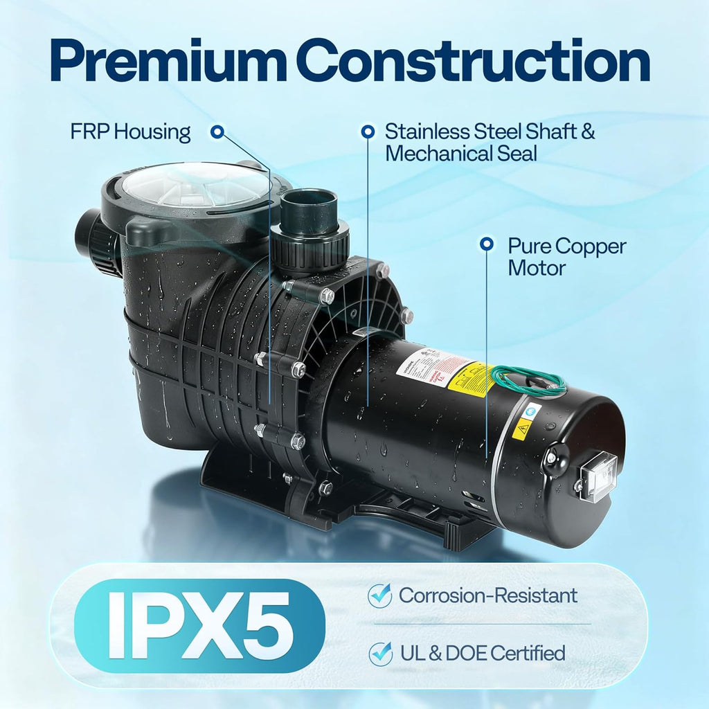 VIVOHOME 2.0HP Pool Pump - 115V/230V Self-Priming Motor - In-Ground/Above Ground - 6800GPH Energy Efficient - 1.5', 2', and 1.25'-1.5' Connectors w/Strainer Basket