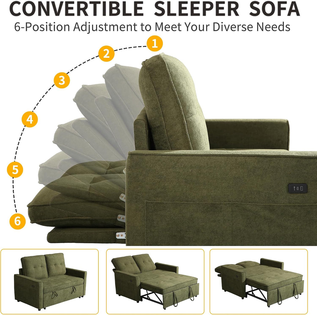 EJUNQ Pull Out Couch, Convertible Sofa Bed with USB and Reclining Backrest, Modern 3 in 1 Sleeper Sofa Couch Bed with Side Pockets, Comfortable Loveseat Sleeper for Small Spaces.(Green)