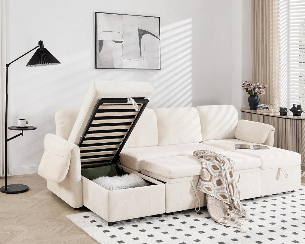 Tbfit 109'' Pull Out Sofa, Sleeper Sofa Bed with USB & 2 Storage Chaises, Comfy Oersized U Shaped Convertible Sectional Sleeper Couches for Living Room, Apartment, Office, White Sherpa