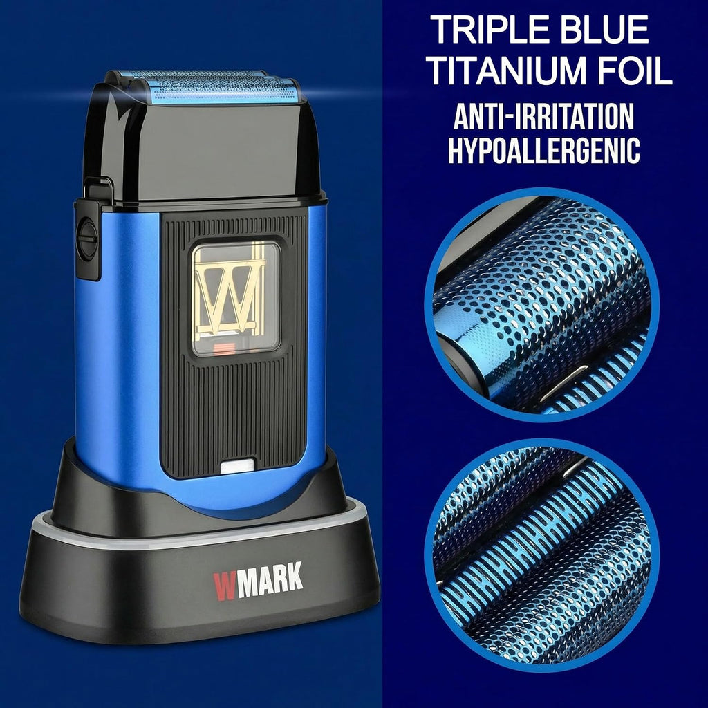 WMARK Electric Foil Shavers for Men Electric Razor for Men Cordless Beard Shaver with UV Protection, Maglev Vector Motor 10000RPM, Blue-Titanium 3-Blade Floating, USB-C Rechargeable NG-XS1 UV